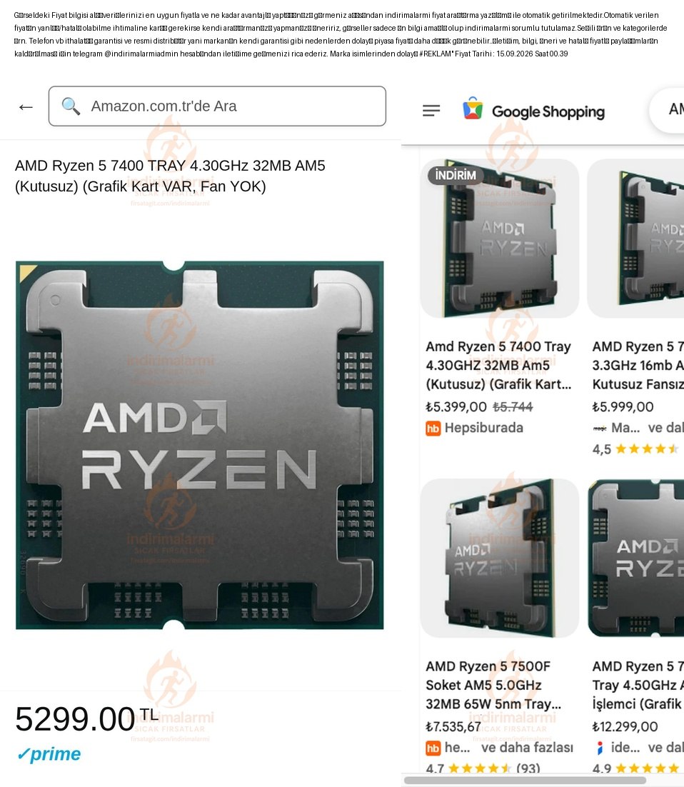 AMD Ryzen 5 7400 TRAY 4.30GHz 32MB AM5 (Kutusuz) (Grafik Kart VAR, Fan YOK)