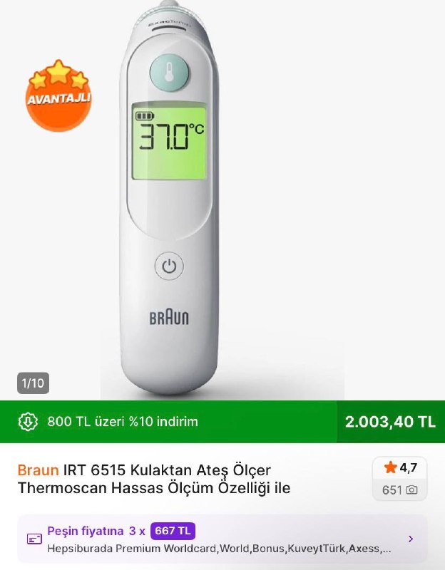 Braun IRT 6515 Kulaktan Ateş Ölçer Thermoscan Hassas Ölçüm Özelliği ile