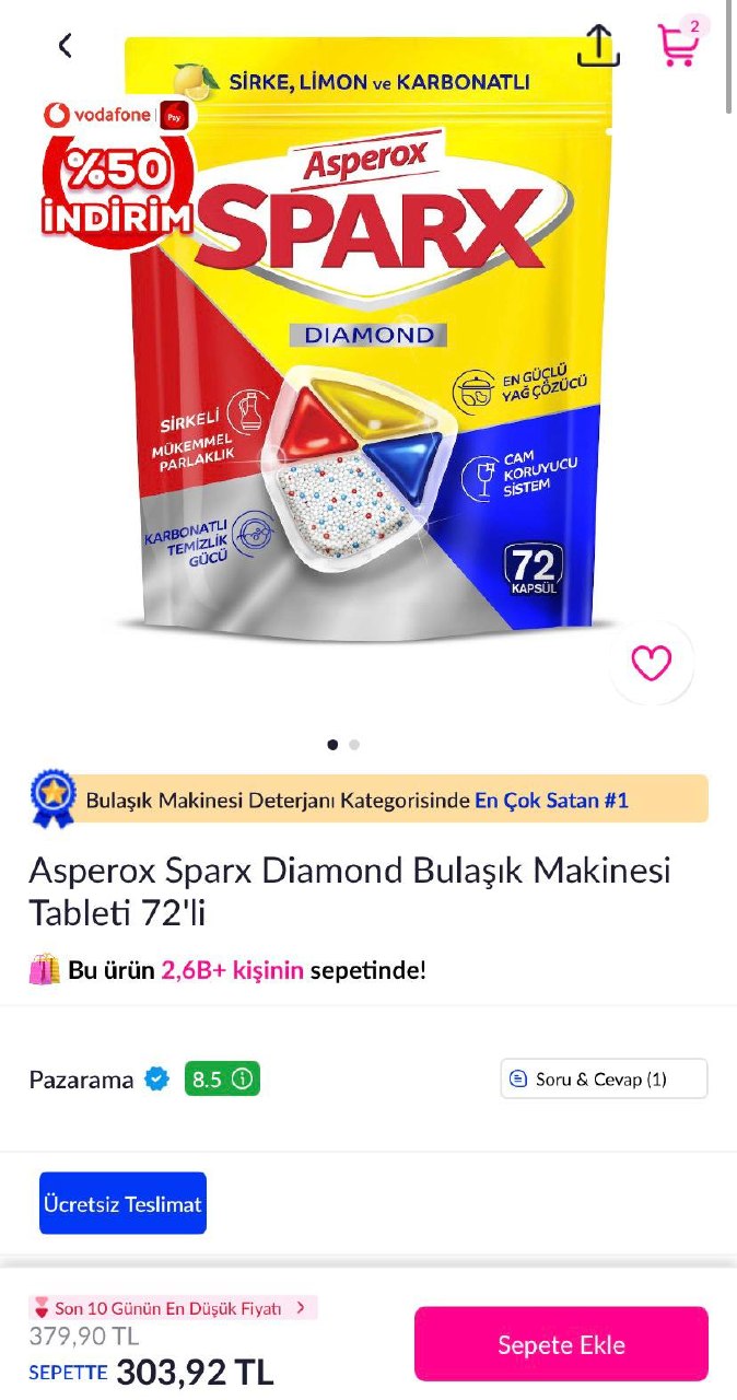 Asperox Sparx Diamond Bulaşık Makinesi Tableti 72'li